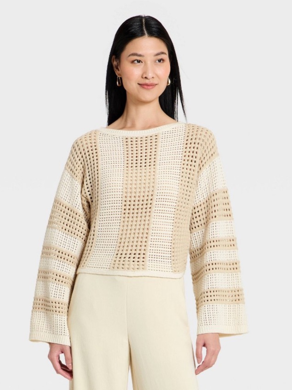 A New Day™ Women's Open Work Oversized Pullover Sweater - Cream Striped - M